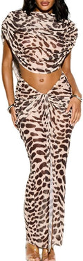 Leopard Mesh Skirt Two Piece For Women Pleated Crop Top Long Split Skirt Sexy Party Club Wear Fashion Going Out Set