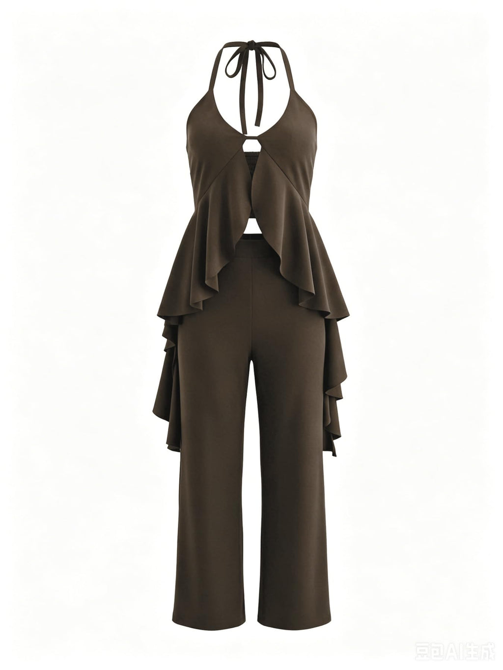 Women's Casual 2 Piece Set Sexy Sleeveless Backless Halter Neck Cutout Ruffled Tops Wide Legs Pants Outfits