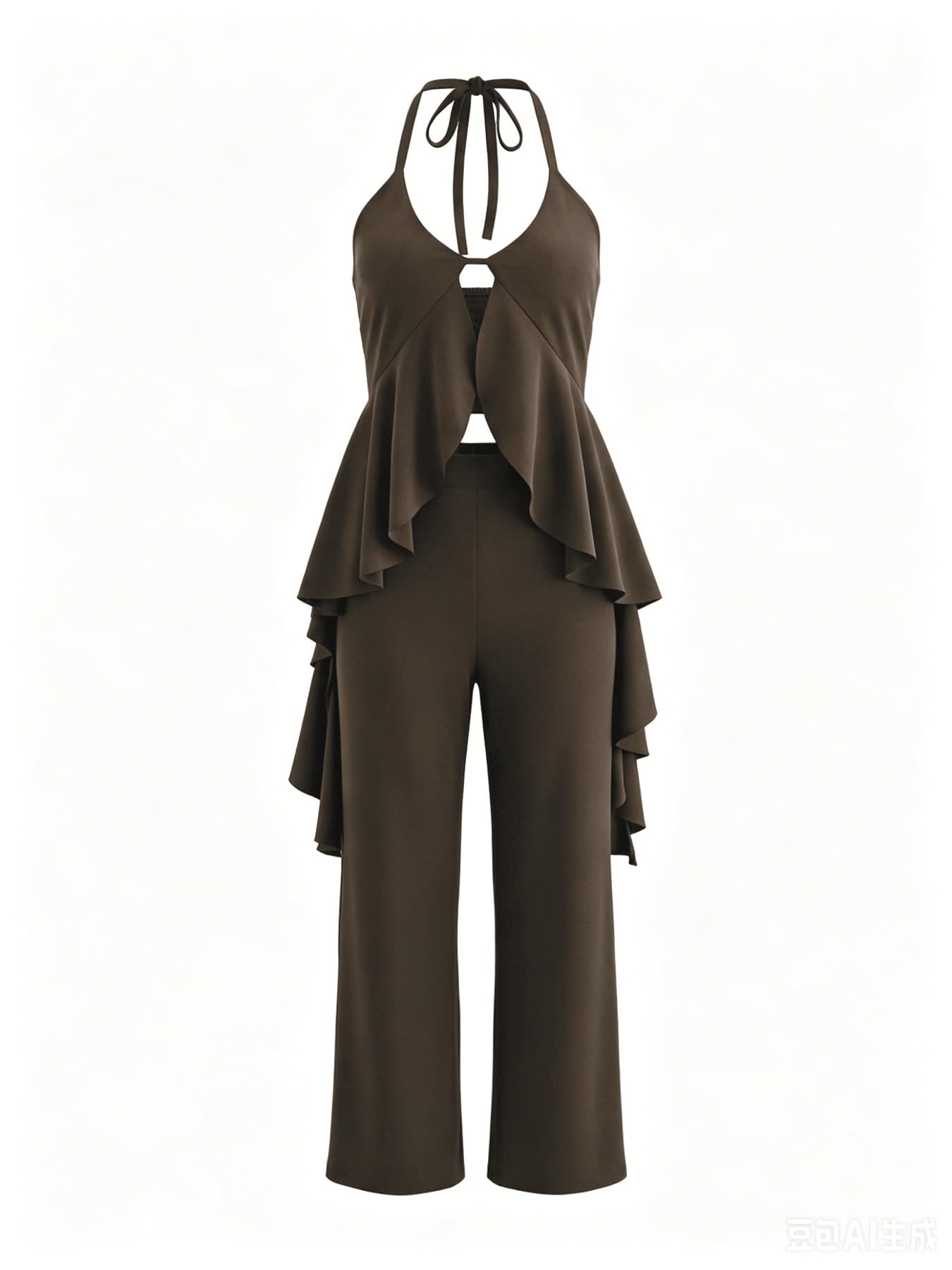 Women's Casual 2 Piece Set Sexy Sleeveless Backless Halter Neck Cutout Ruffled Tops Wide Legs Pants Outfits