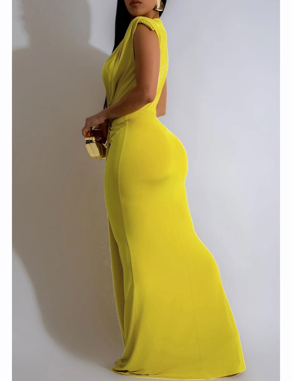 Yuopeid Women's Sexy Sleeveless Deep V Neck Fashion Ruched Bodycon Floor Length Formal Evening Party Maxi Long Dress