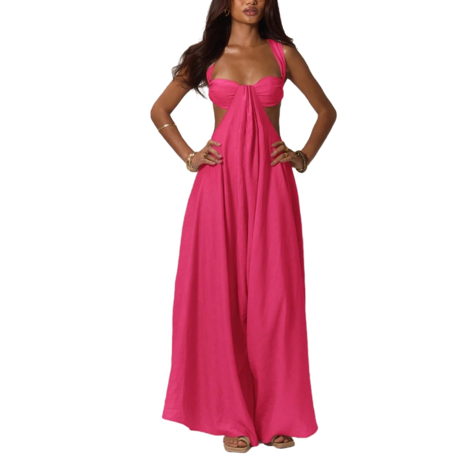 REASERAL Womens Casual Jumpsuit Halter Hollow Out Backless Top Wide Leg Pants Summer Vacation Jumpsuit