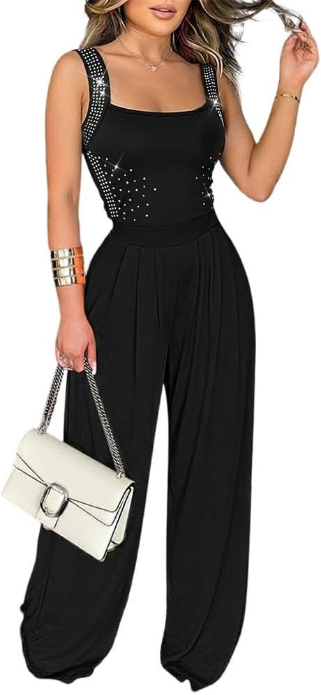 Women Rhinestone Sleeveless Wide Leg Jumpsuit with Pockets | Elegant Rhinestone Sleeveless Jumpsuit with Wide Leg Fit and Pockets for Party, Vacation & Night Out