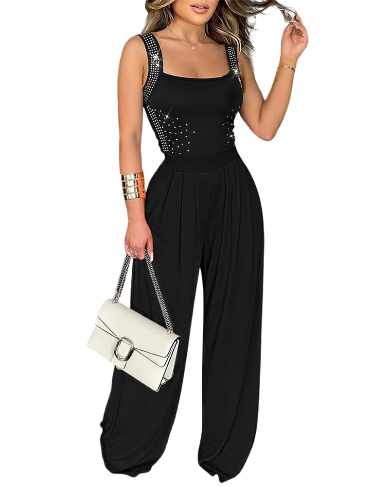 Women Rhinestone Sleeveless Wide Leg Jumpsuit with Pockets | Elegant Rhinestone Sleeveless Jumpsuit with Wide Leg Fit and Pockets for Party, Vacation & Night Out