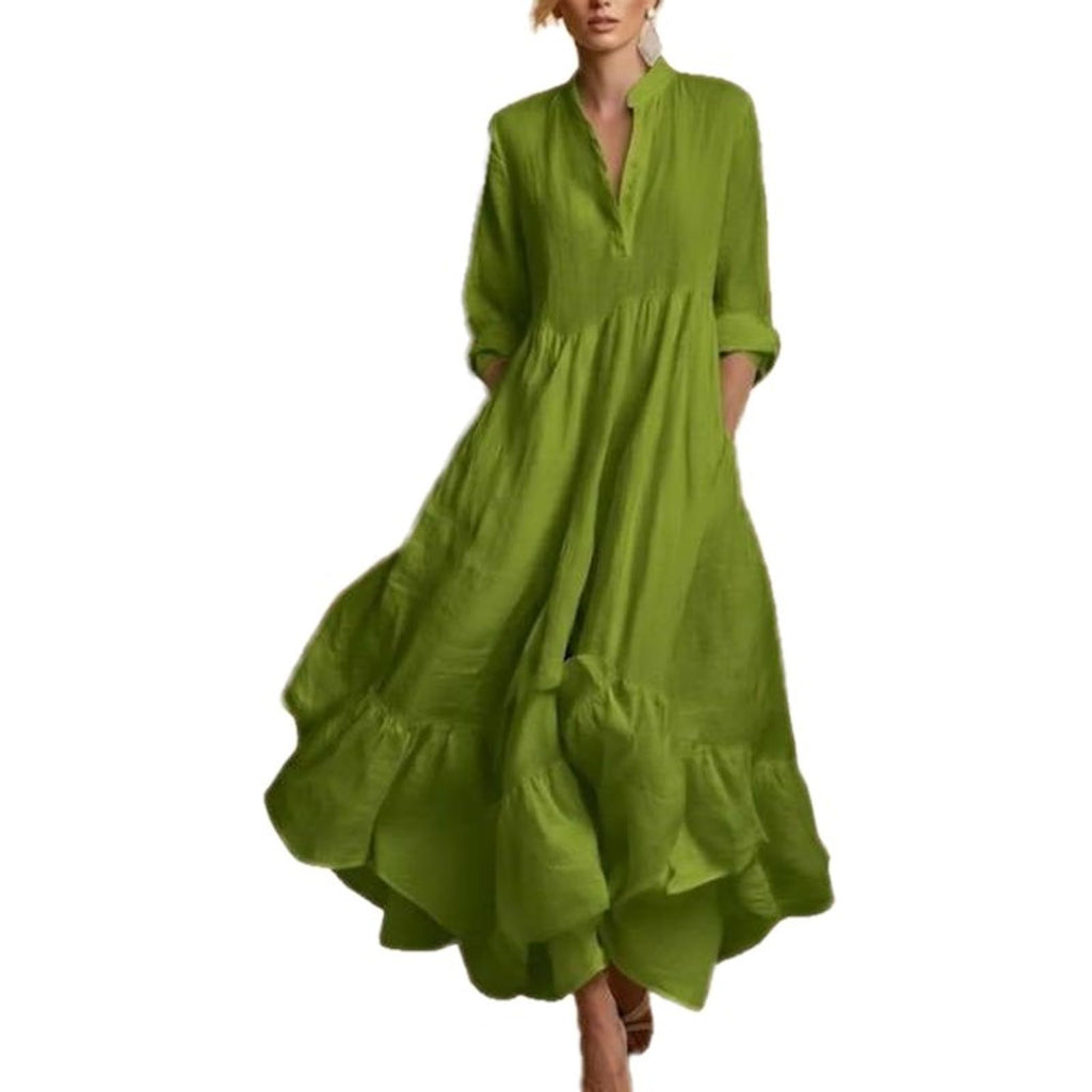 Women Maxi Dress Stand Collar Button Front Pocket Beach Vacation Casual | Flowy maxi dress stand collar, button front, functional pockets, long lantern sleeves, A-line skirt, beach vacation daily