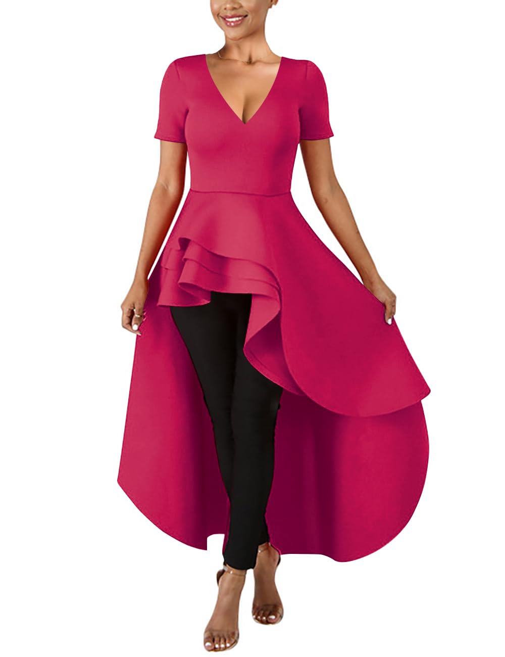 Lrady Womens V Neck Short Sleeve High Low Cocktail Party Dresses Peplum Tunic Tops Shirt Dress