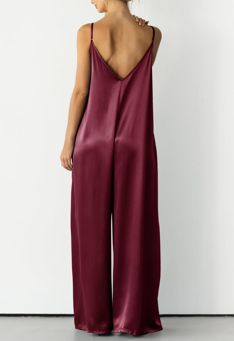Womens Satin Wide Leg Jumpsuits Dressy Flowy Date Night Rompers Outfits | Silky Fabric,Casual Relaxed Fit,Formal,Wedding Guest,cocktail,Sexy V Neck,Spaghetti Strap,Summer,One Piece Outfit