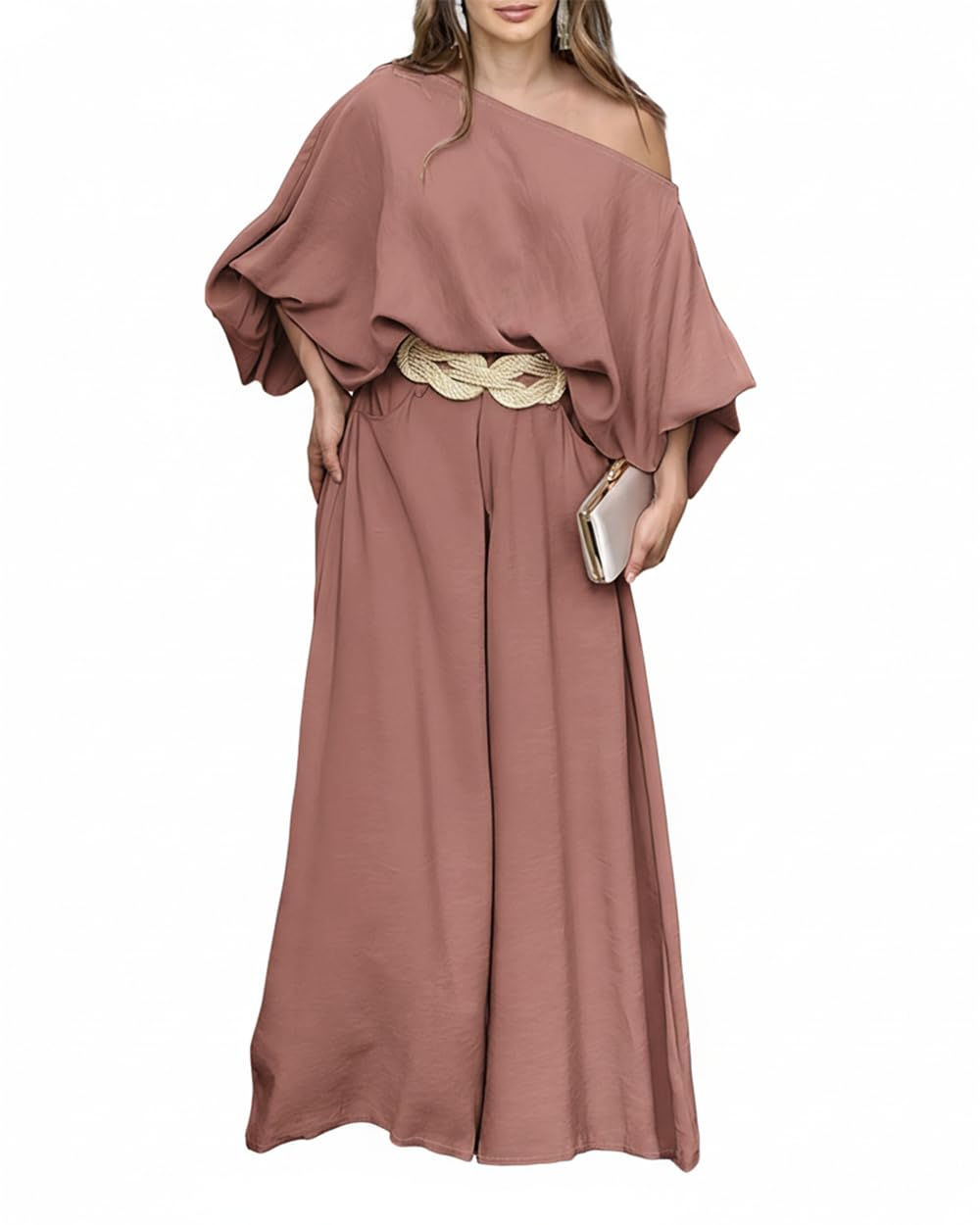 CHICME Women 2 Piece Summer Outfit Off Shoulder Flowy Wide Leg Pants Set | Off Shoulder, Lantern Sleeve Matching Set, 2 Piece Sets for Women Dressy, Vacation Travel Airport Outfits