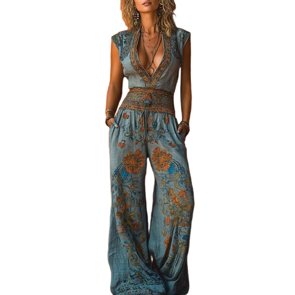 Casual Floral Print Bohemian Jumpsuit For Women Cap Sleeve Deep V Neck Wide Leg One Piece Set Vacation Holiday Wear