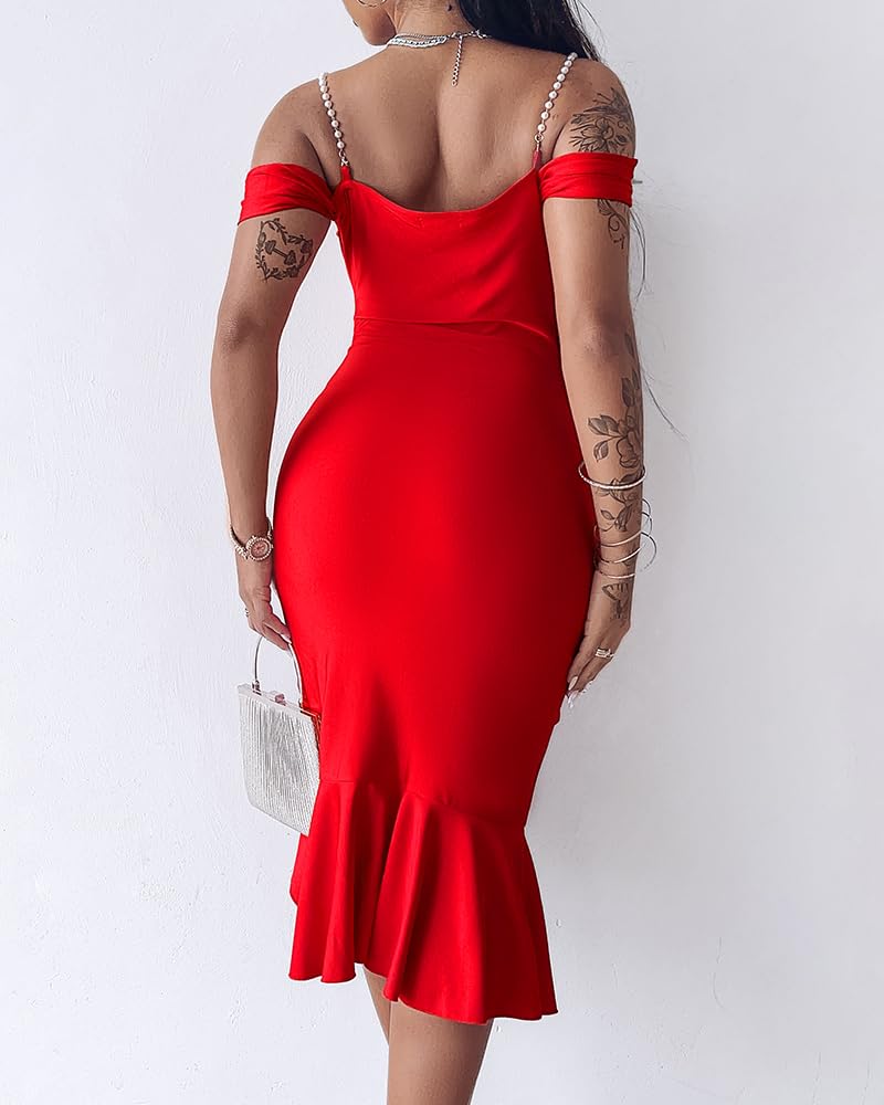 CHICME Womens Cocktail Dresses Pearls Strap Bodycon Midi Dress | Off Shoulder Design, Ruffle Hem Style, Soft Stretch Fabric, Birthday Party Wear, Wedding Guest Outfit, Date Night Look