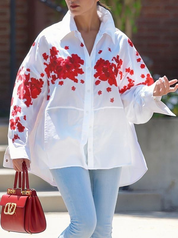 UOOZEE Women's Collar Long Sleeve Boyfriend Shirt Loose Oversized Business Casual High Low Tops Blouse