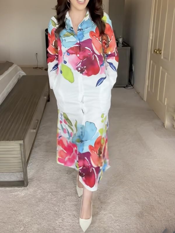 Women's Button Down Maxi Shirt Dress Boho Long Sleeve Collar Watercolor Floral Print Long Dress Loose Fit Casual Dresses