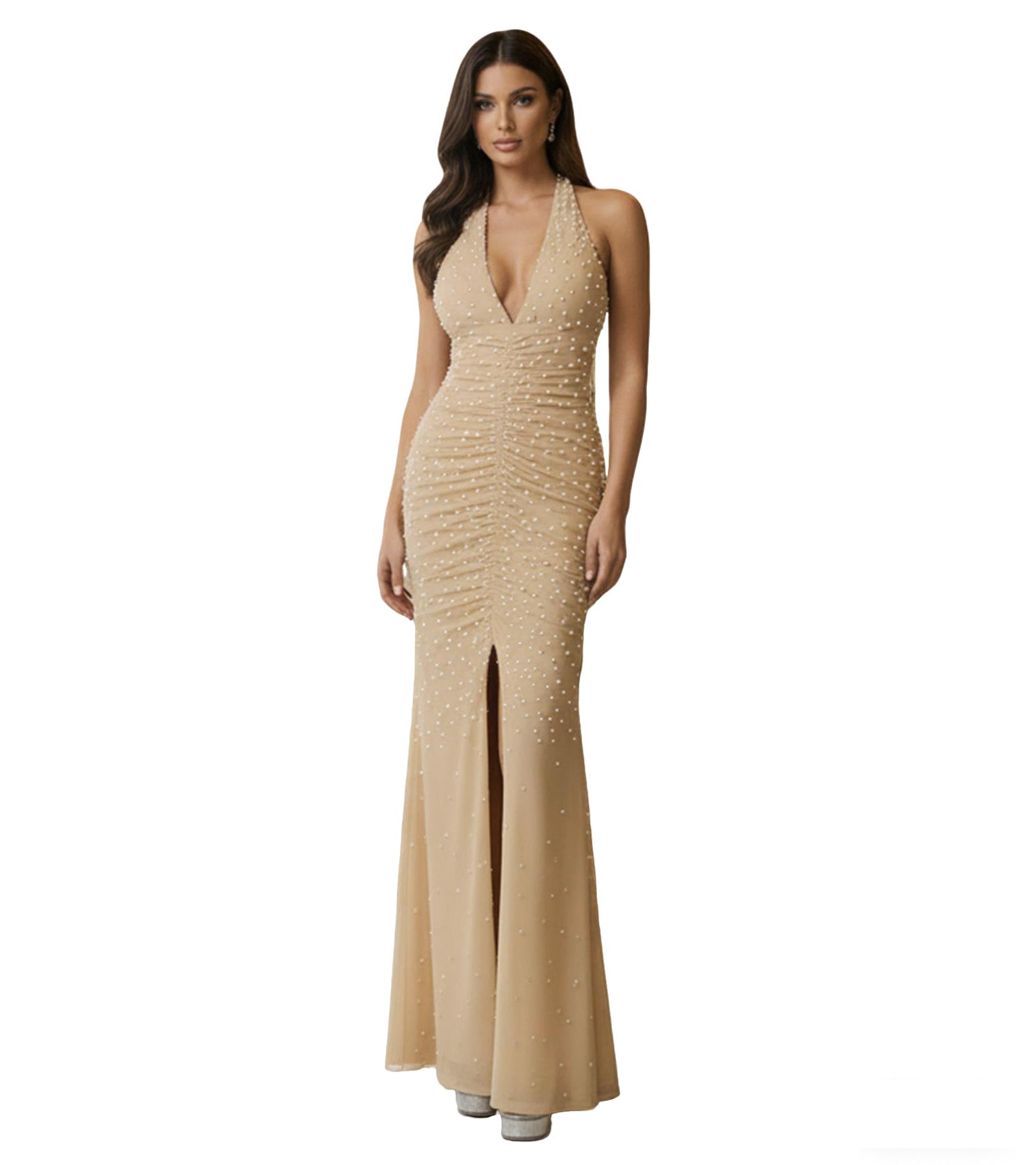 PORRCEY Women's Sexy Elegant Rhinestone Bodycon Dress Hot Drilling Clubwear