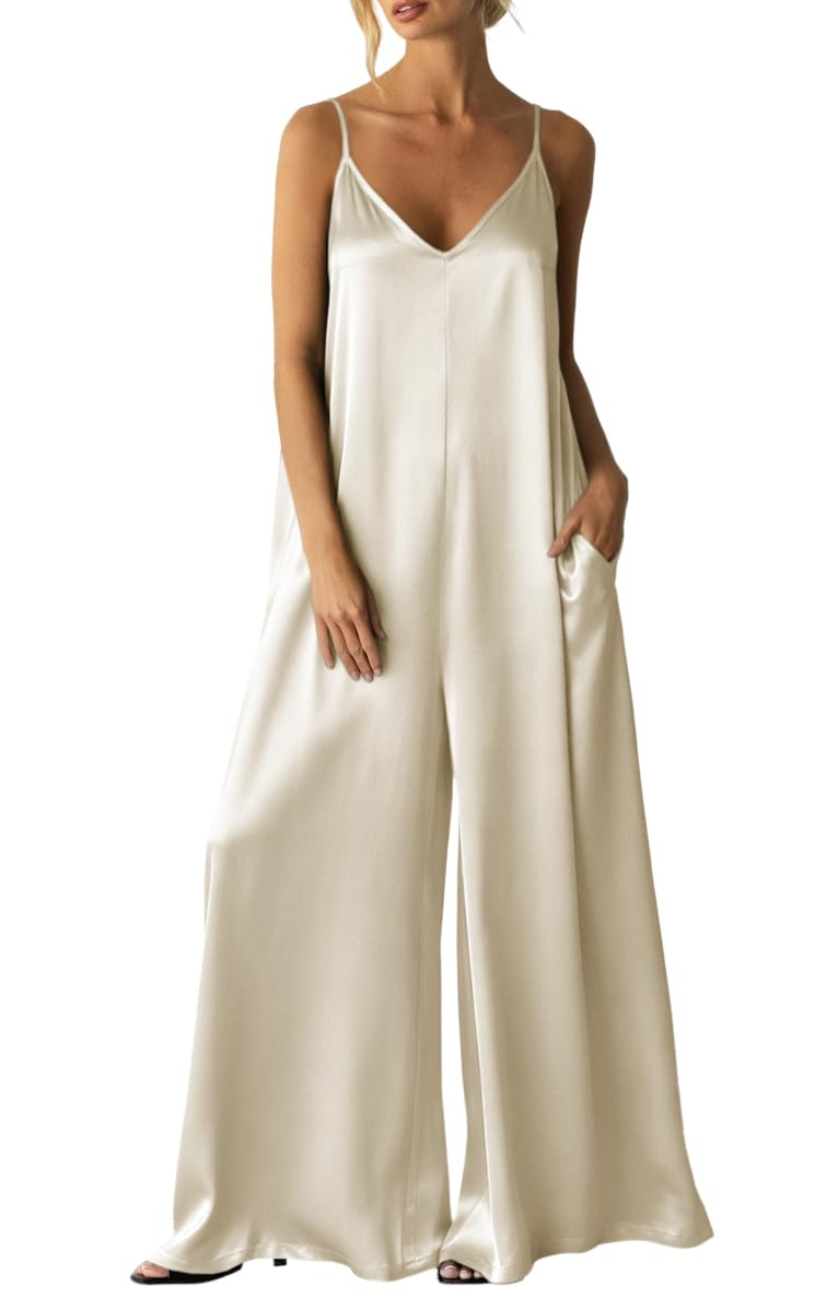 Womens Satin Wide Leg Jumpsuits Dressy Flowy Date Night Rompers Outfits | Silky Fabric,Casual Relaxed Fit,Formal,Wedding Guest,cocktail,Sexy V Neck,Spaghetti Strap,Summer,One Piece Outfit