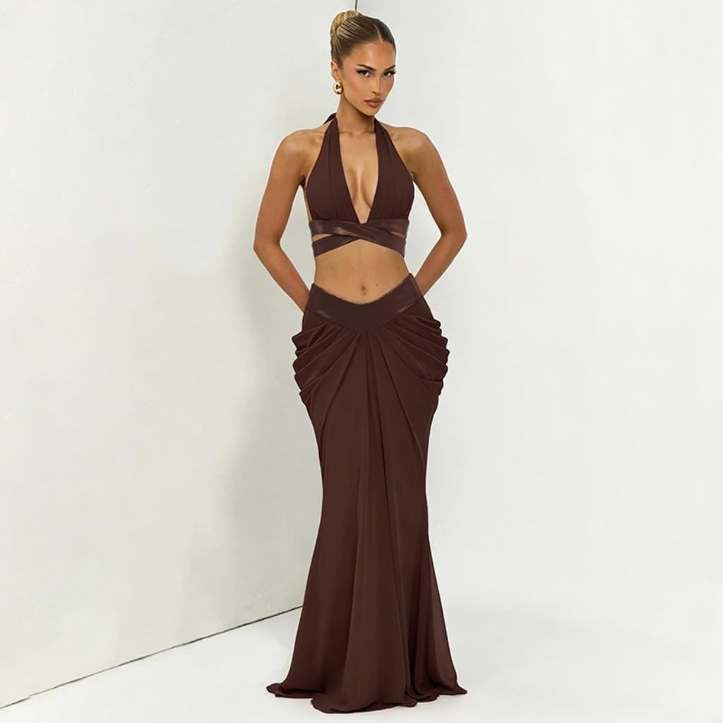 VOIKERDR Party Outfits for Women Halter Deep V Cross Wrap Crop Top Front Ruched Maxi Skirt Sets Women 2 Piece Outfits