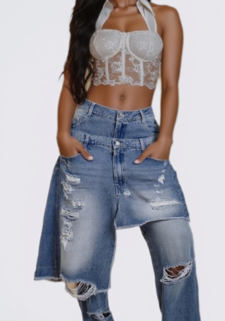 LKOUS Women's Ripped Baggy Jeans High Waist Wide Leg Patchwork Streetwear | Distressed, cutout, Y2K, hip hop, stretchy, soft, pocket, casual, concert, vintage. Machine wash