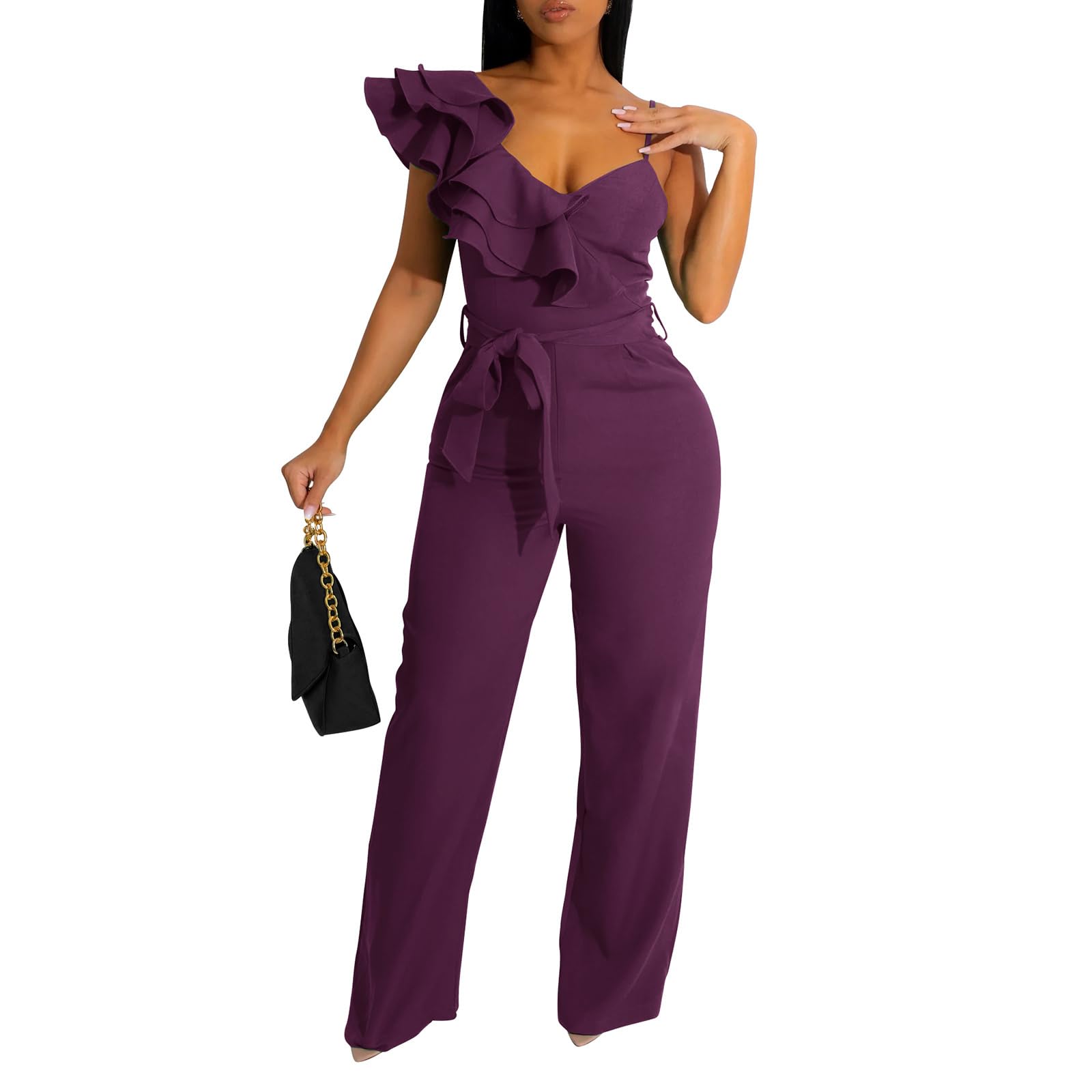 kaimimei Womens Casual Jumpsuits Ruffle One Shoulder Wide Leg Belted Romper | Designed with Pockets,Adjustable Strap,Sexy V-Neck Sleeveless,Backless,for Parties, Clubs,Wedding,Event,Outing