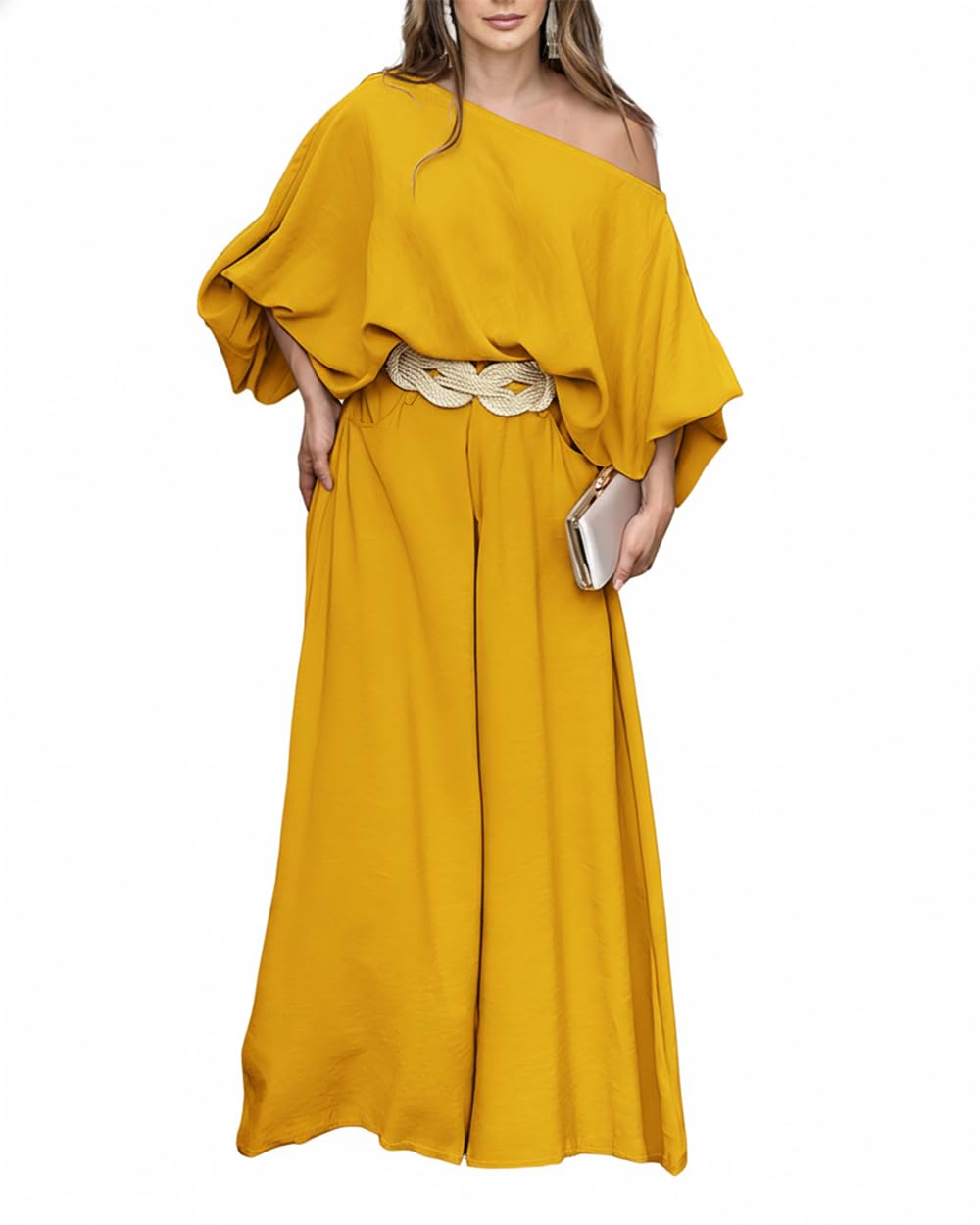 CHICME Women 2 Piece Summer Outfit Off Shoulder Flowy Wide Leg Pants Set | Off Shoulder, Lantern Sleeve Matching Set, 2 Piece Sets for Women Dressy, Vacation Travel Airport Outfits