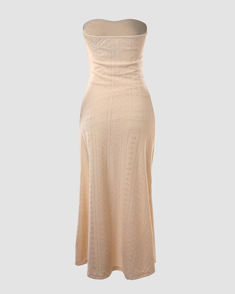 CHICME Women's Strapless Bodycon Maxi Dress Asymmetrical Hem | Ruched Wrap Detail, Eyelet Embroidery, Soft Stretch Fabric, Tube Top Neckline, Beach Vacation Wear, Wedding Guest Outfit