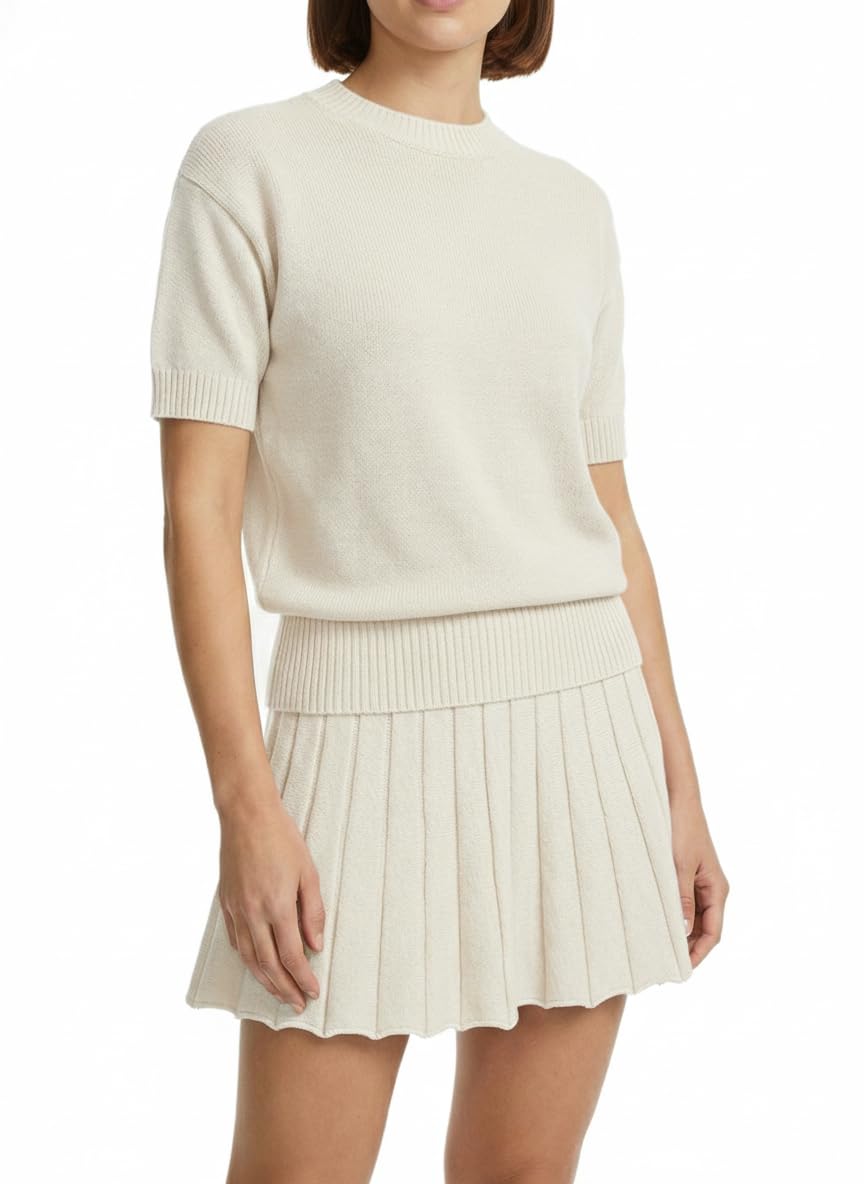 Womens 2 Piece Outfits 2026 Short Sleeve Crewneck Knit Tops And Pleated Mini Skirt Two Piece Sets