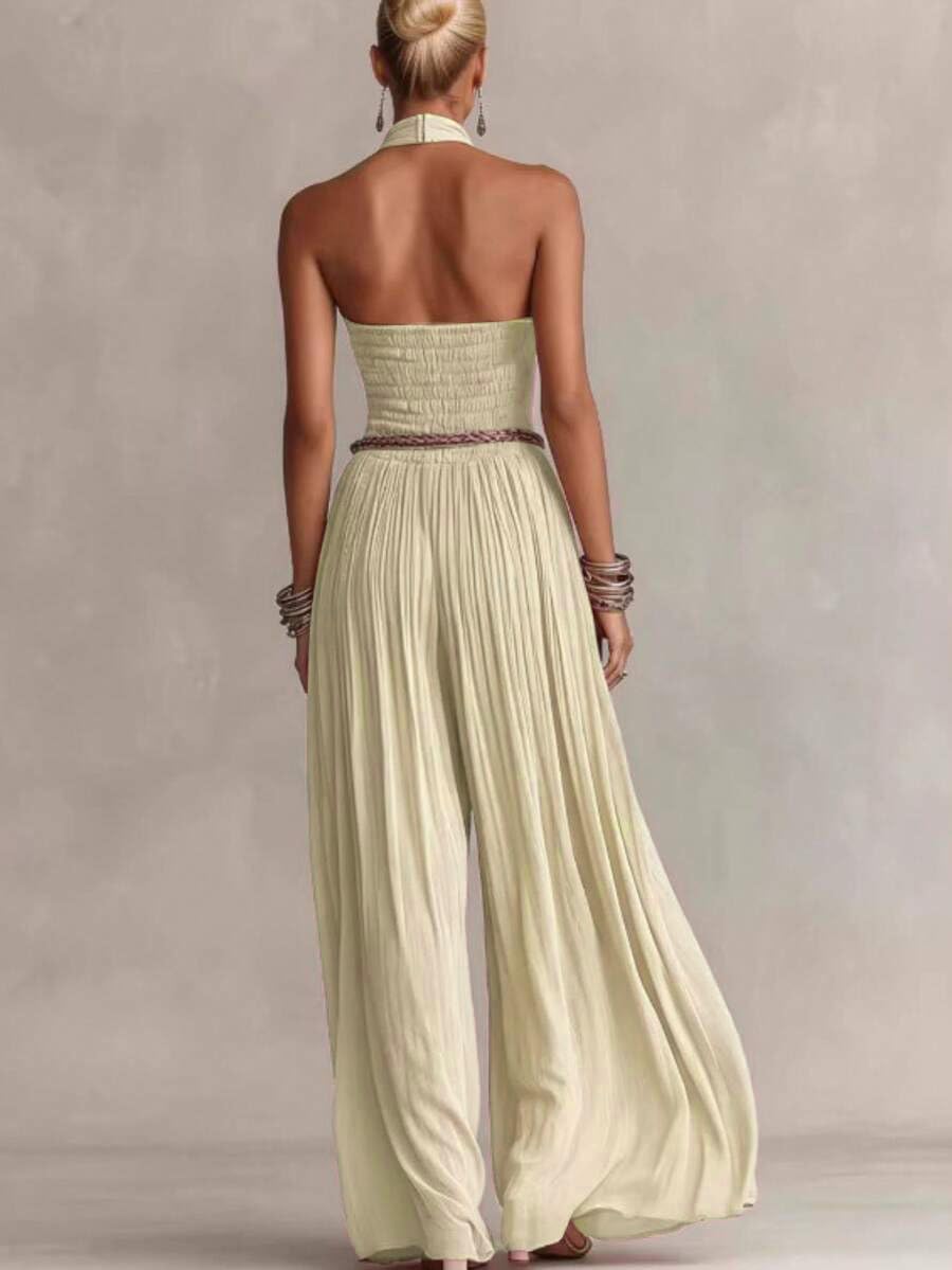 Wuitrie Women's Boho Halter Jumpsuit Pink Shirred Waist Wide Leg Pant Romper Vacation Party Outfits