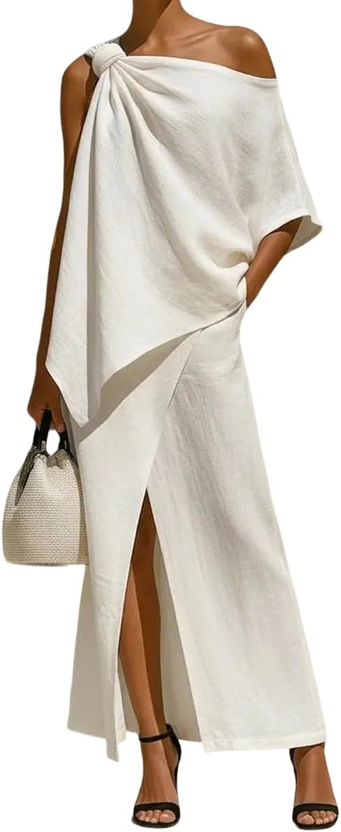 2 Piece Sets for Women Off Shoulder Irregular Hem Top and Slit Maxi Skirt Summer Casual Outfits