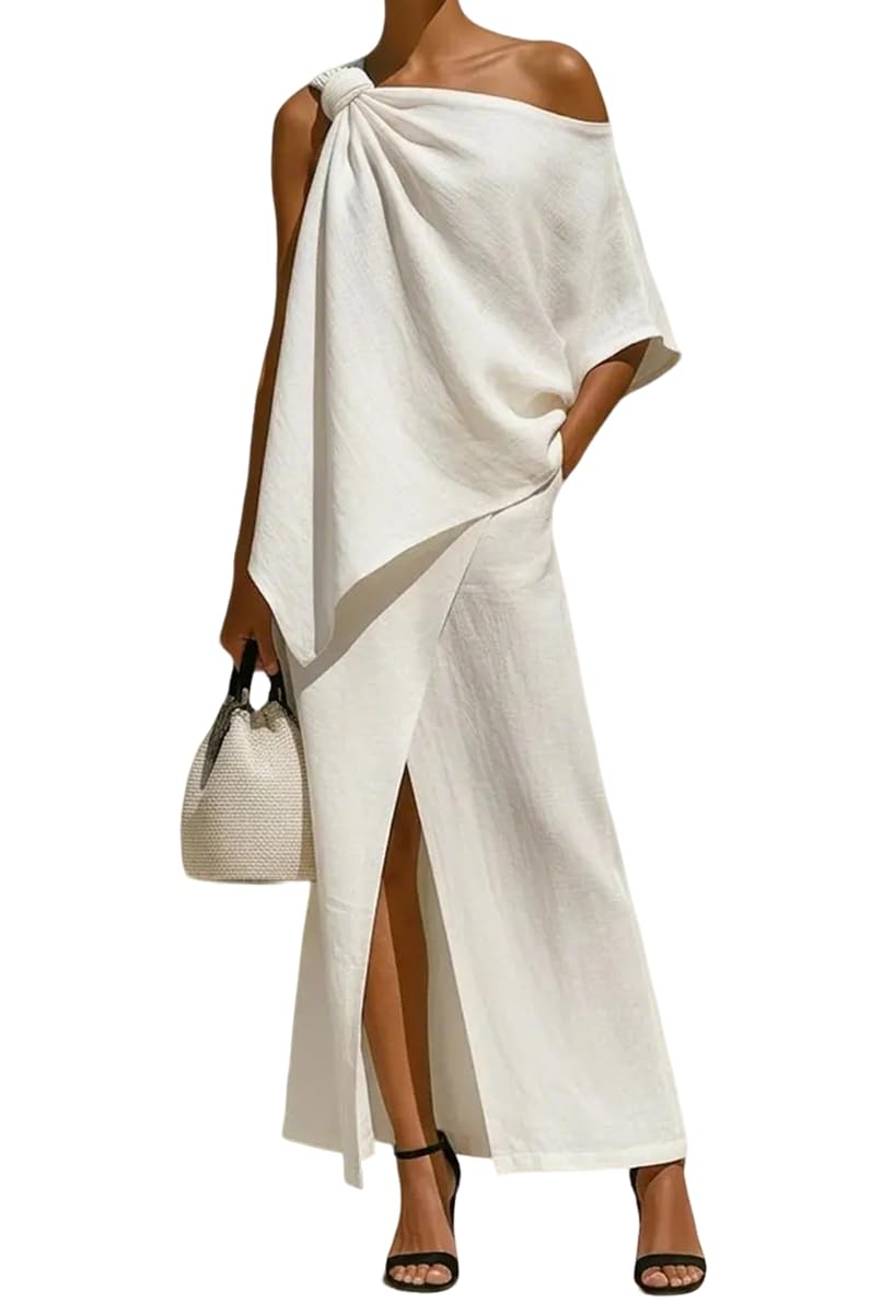 2 Piece Sets for Women Off Shoulder Irregular Hem Top and Slit Maxi Skirt Summer Casual Outfits