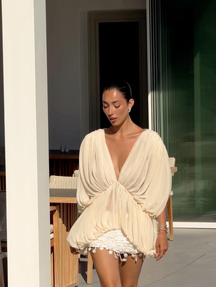 Flowy Top Women Pleated V Neck Asymmetrical Blouse Top Dressy Streetwear