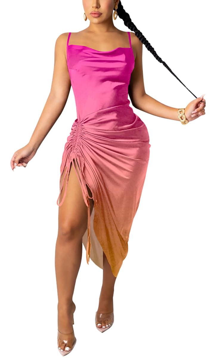 Women's Spaghetti Strap Satin Dress Sexy Backless Drawstring Ruched Split Hem Cocktail Evening Party