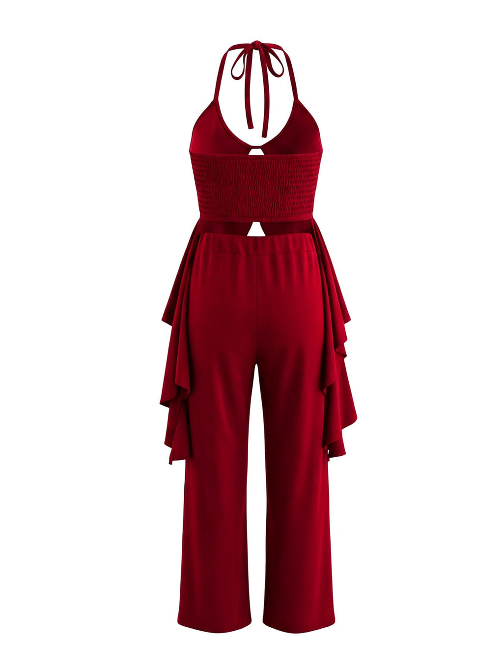 Women's Casual 2 Piece Set Sexy Sleeveless Backless Halter Neck Cutout Ruffled Tops Wide Legs Pants Outfits