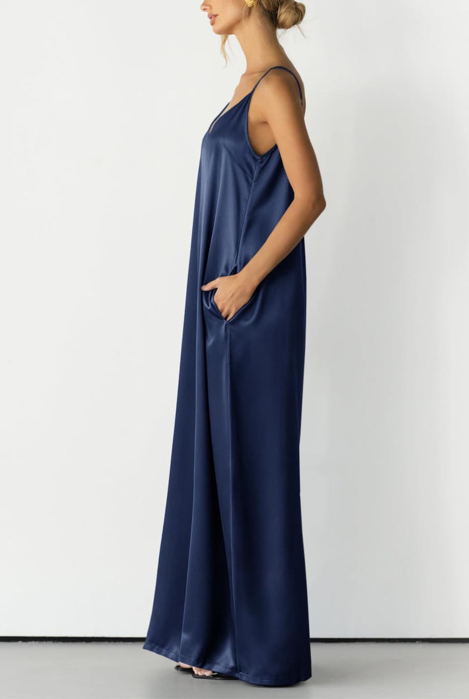 Womens Satin Wide Leg Jumpsuits Dressy Flowy Date Night Rompers Outfits | Silky Fabric,Casual Relaxed Fit,Formal,Wedding Guest,cocktail,Sexy V Neck,Spaghetti Strap,Summer,One Piece Outfit