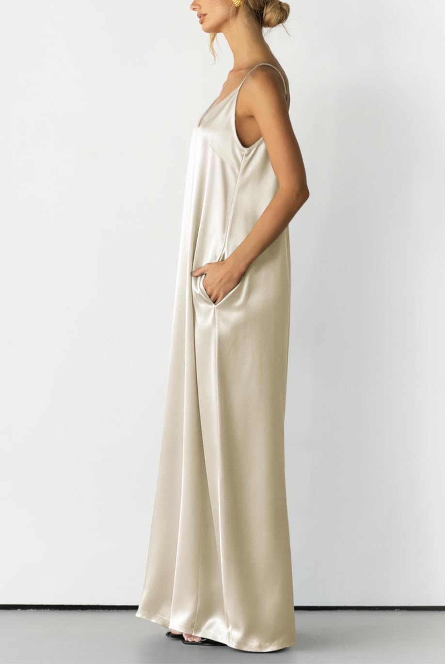 Womens Satin Wide Leg Jumpsuits Dressy Flowy Date Night Rompers Outfits | Silky Fabric,Casual Relaxed Fit,Formal,Wedding Guest,cocktail,Sexy V Neck,Spaghetti Strap,Summer,One Piece Outfit