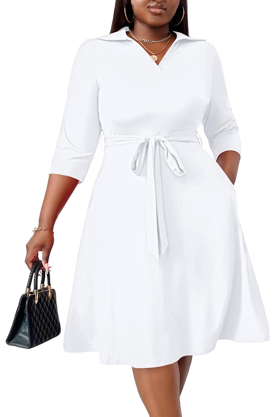 FANDEE Plus Size Midi Dress for Women Casual - Fit and Flare Summer Dresses | Semi Formal,African Print,Polo Collar Cocktail Dress,With Pockets And Belt