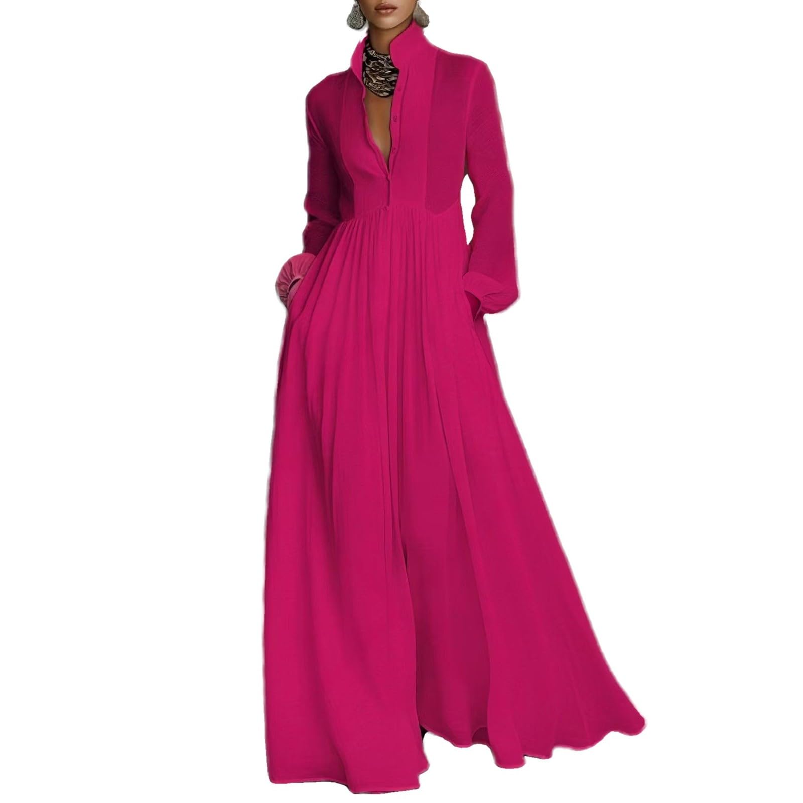 Women Maxi Dress Stand Collar Button Front Pocket Beach Vacation Casual | Flowy maxi dress stand collar, button front, functional pockets, long lantern sleeves, A-line skirt, beach vacation daily