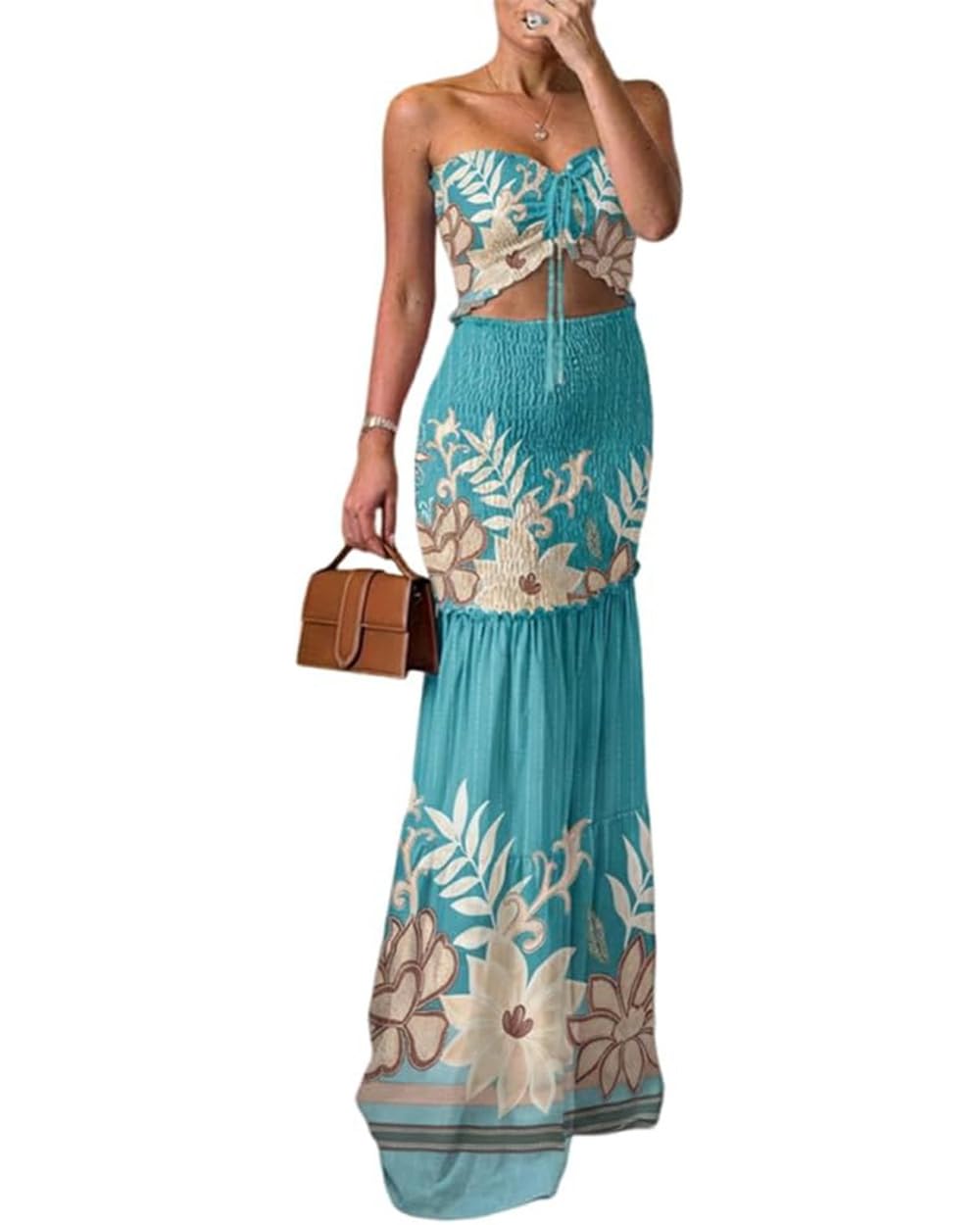 CHICME Floral Vacation Dress Halter Tie Ruched Womens Maxi Dress | Sleeveless Slim Dress, 3-Way Tie: Halter, Bow or Strapless,Ruffle Mermaid Hem for Party,Vacation,Wedding Guest