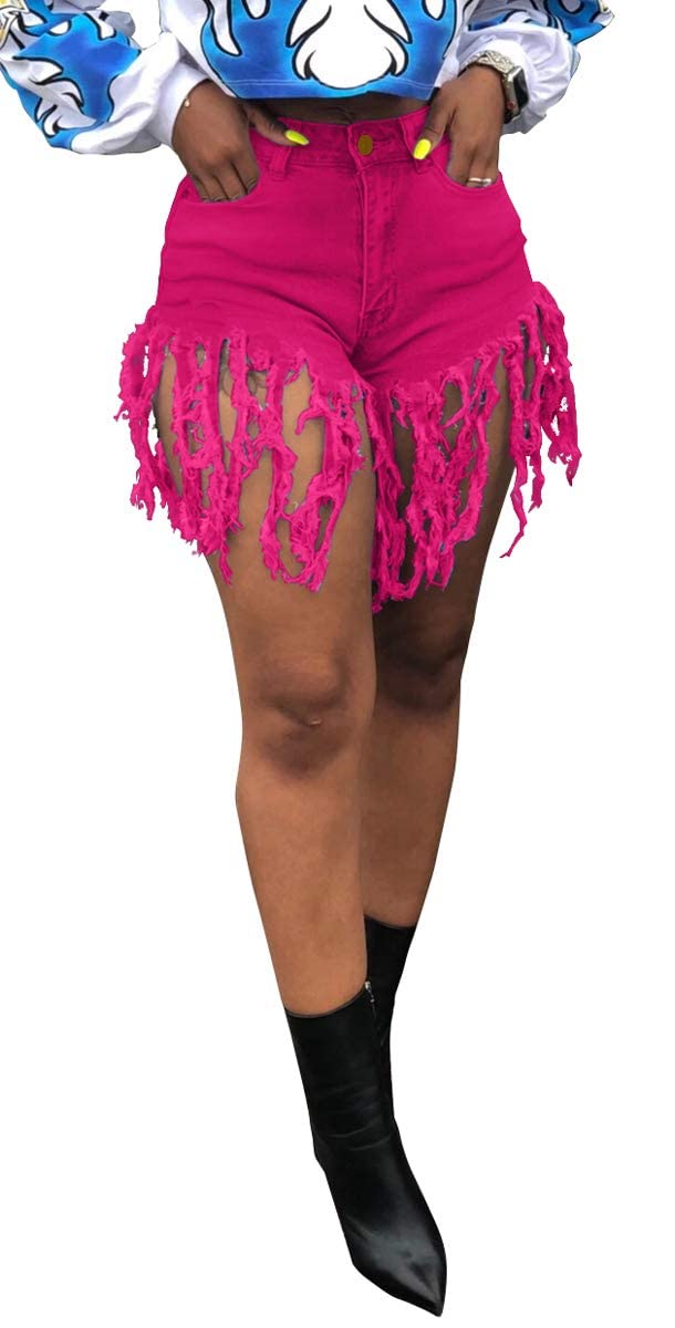 Women's Denim Shorts High Waisted Frayed Raw Hem Ripped Short Jeans | Fringe,Summer,Stretchy,with Pockets