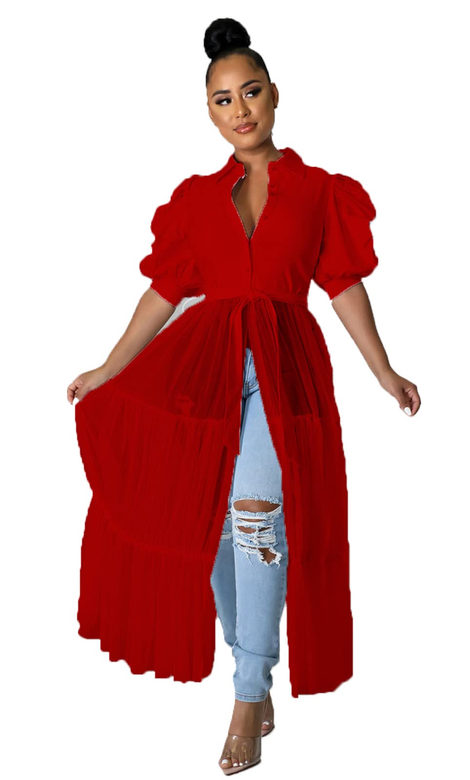 Ekaliy Women's Ruffle Blouse Shirt Asymmetrical Tunic Dress with Belt | Short sleeve,Bodycon,Ruffle,Club ,Party outfits,Asymmetrical Irregular Hem,Tops Blouse Shirt Dress