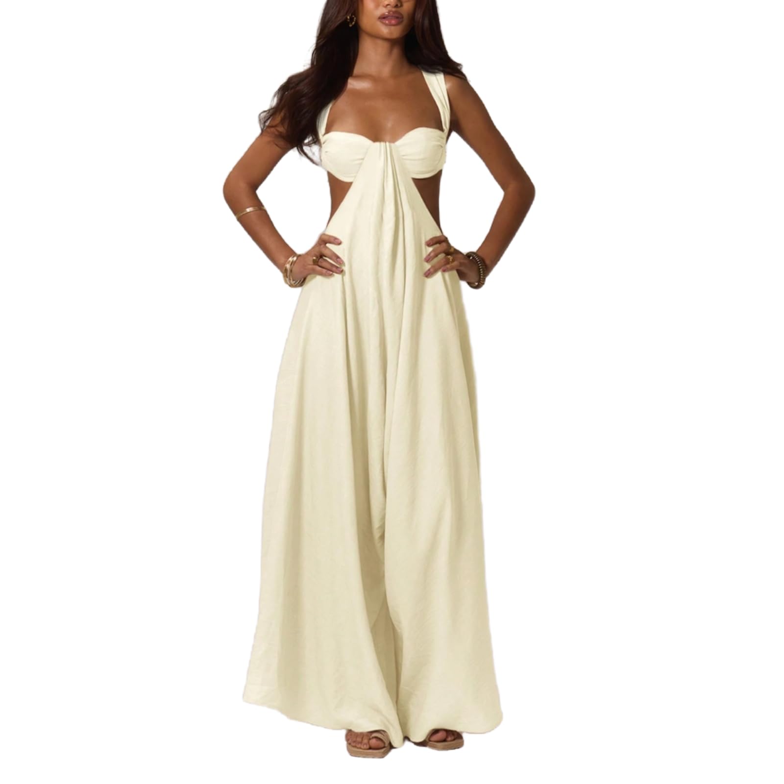 REASERAL Womens Casual Jumpsuit Halter Hollow Out Backless Top Wide Leg Pants Summer Vacation Jumpsuit