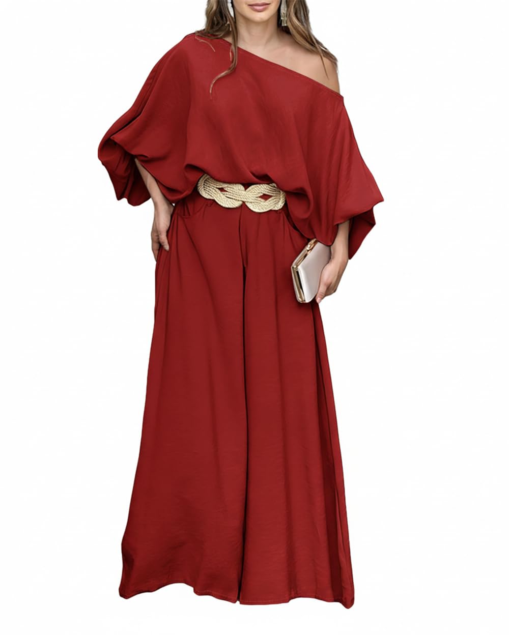 CHICME Women 2 Piece Summer Outfit Off Shoulder Flowy Wide Leg Pants Set | Off Shoulder, Lantern Sleeve Matching Set, 2 Piece Sets for Women Dressy, Vacation Travel Airport Outfits