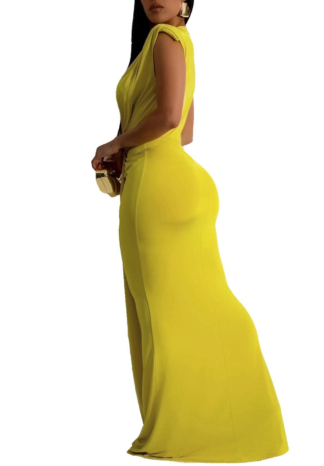Yuopeid Women's Sexy Sleeveless Deep V Neck Fashion Ruched Bodycon Floor Length Formal Evening Party Maxi Long Dress