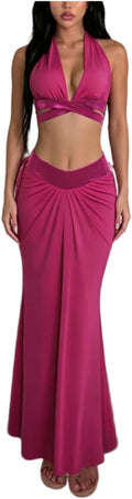 VOIKERDR Party Outfits for Women Halter Deep V Cross Wrap Crop Top Front Ruched Maxi Skirt Sets Women 2 Piece Outfits