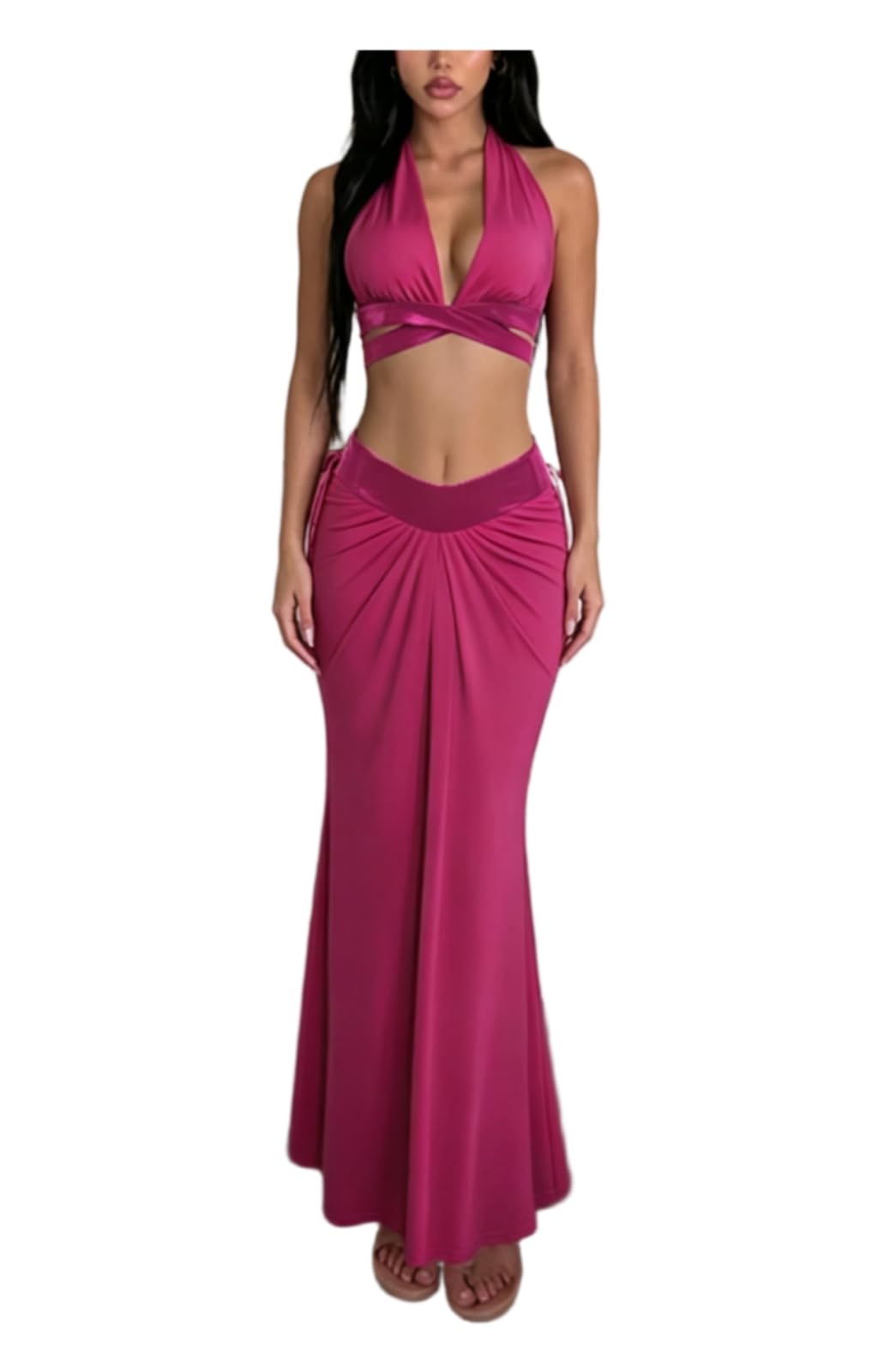 VOIKERDR Party Outfits for Women Halter Deep V Cross Wrap Crop Top Front Ruched Maxi Skirt Sets Women 2 Piece Outfits