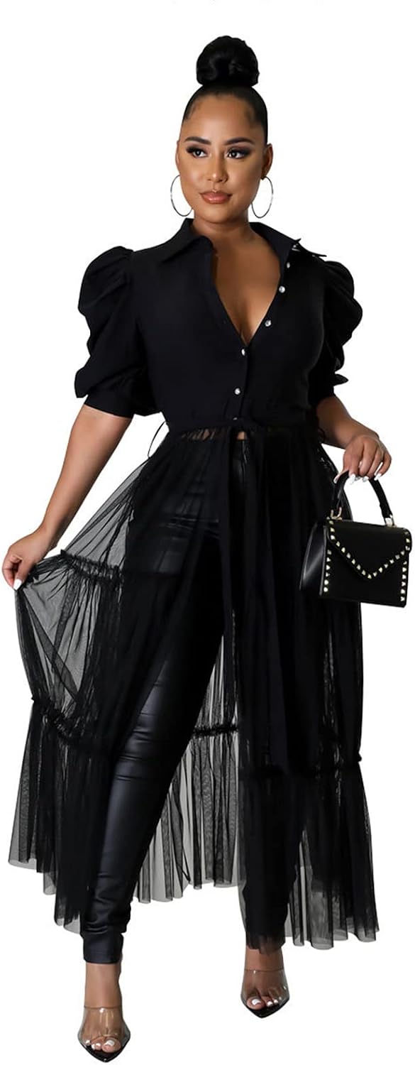 Ekaliy Women's Ruffle Blouse Shirt Asymmetrical Tunic Dress with Belt | Short sleeve,Bodycon,Ruffle,Club ,Party outfits,Asymmetrical Irregular Hem,Tops Blouse Shirt Dress