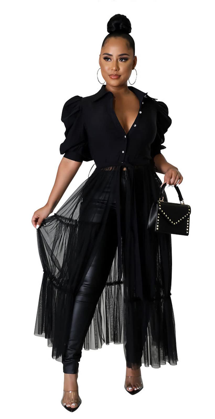 Ekaliy Women's Ruffle Blouse Shirt Asymmetrical Tunic Dress with Belt | Short sleeve,Bodycon,Ruffle,Club ,Party outfits,Asymmetrical Irregular Hem,Tops Blouse Shirt Dress