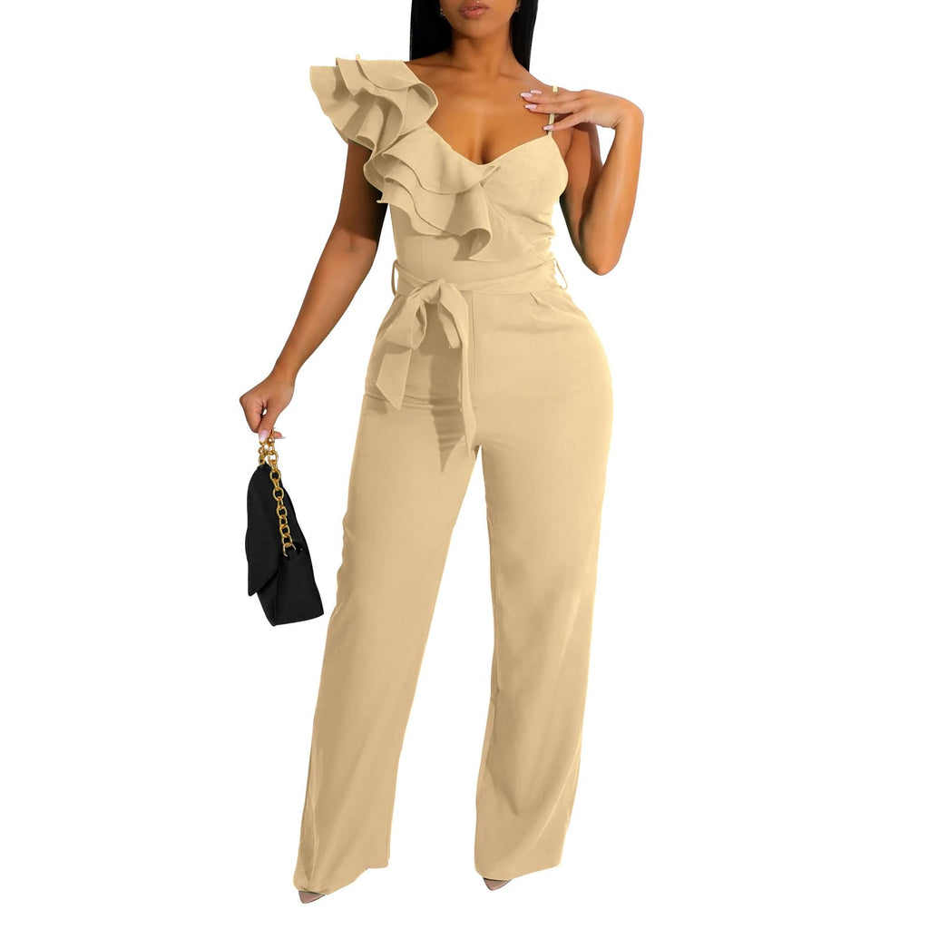 kaimimei Womens Casual Jumpsuits Ruffle One Shoulder Wide Leg Belted Romper | Designed with Pockets,Adjustable Strap,Sexy V-Neck Sleeveless,Backless,for Parties, Clubs,Wedding,Event,Outing