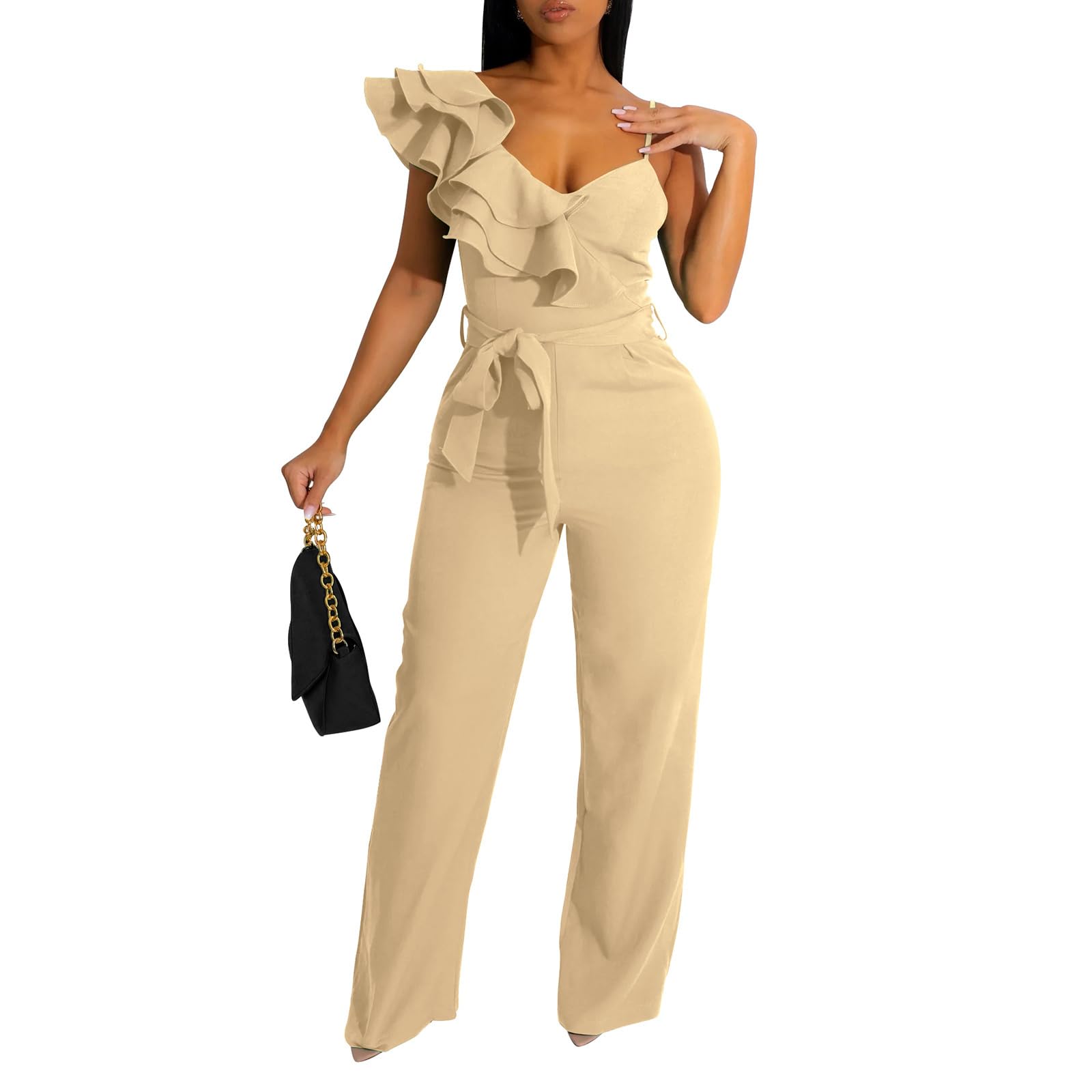 kaimimei Womens Casual Jumpsuits Ruffle One Shoulder Wide Leg Belted Romper | Designed with Pockets,Adjustable Strap,Sexy V-Neck Sleeveless,Backless,for Parties, Clubs,Wedding,Event,Outing