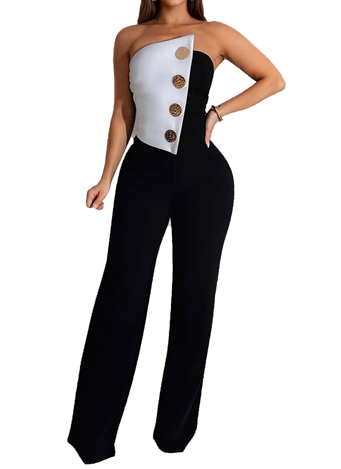 Yuopeid Women's Sexy Strapless Off Shoulder Bodycon Tube Top Overalls Jumpsuit Wide Leg Pants Formal Party Rompers