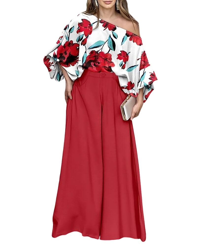 CHICME Women 2 Piece Summer Outfit Off Shoulder Flowy Wide Leg Pants Set | Off Shoulder, Lantern Sleeve Matching Set, 2 Piece Sets for Women Dressy, Vacation Travel Airport Outfits