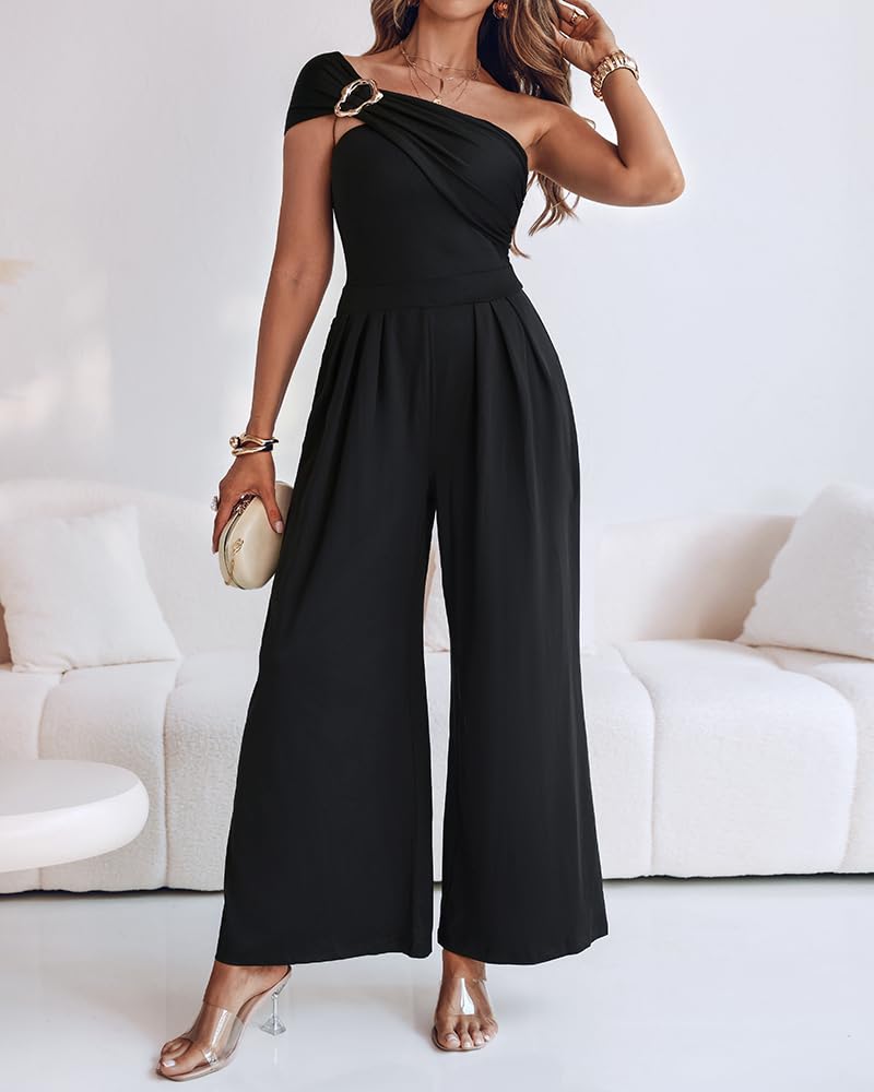 CHICME Women's Jumpsuit Dressy One Shoulder Buckle Decor Ruched Wide Leg Jumpsuits Elegant Party Overall