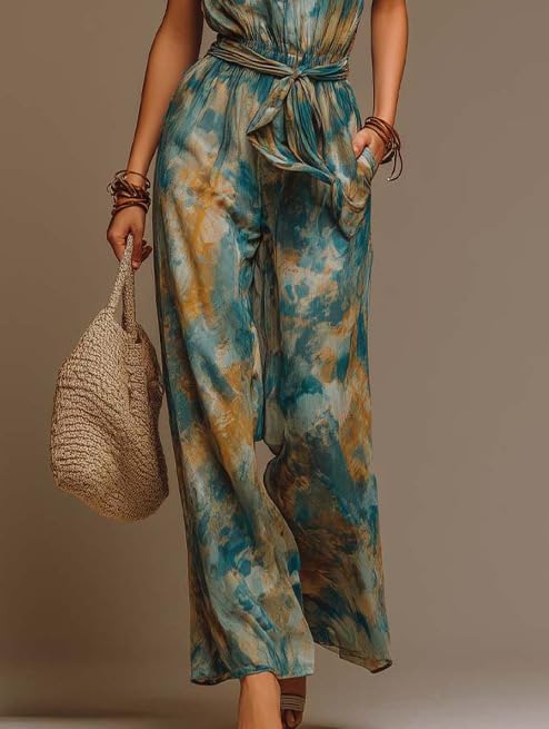 Women's Sexy Sleeveless Jumpsuit Print Halter Jumpsuit Wide Leg Pants Jumpsuit One Piece Club Jumpsuit with Belts