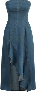 MakeMeChic Women's Denim Dress Tube Sleeveless A Line High Split Dress | Ruffle Trim, Stretchy, Long Denim Dress, Elegant Jean Dress for Wedding Party Concert